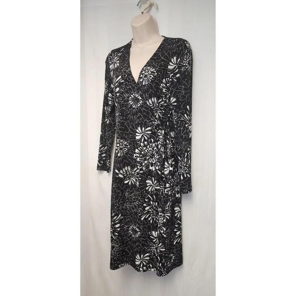 Chico's Floral Wrap Midi Dress Size 0/ US Small Black & White